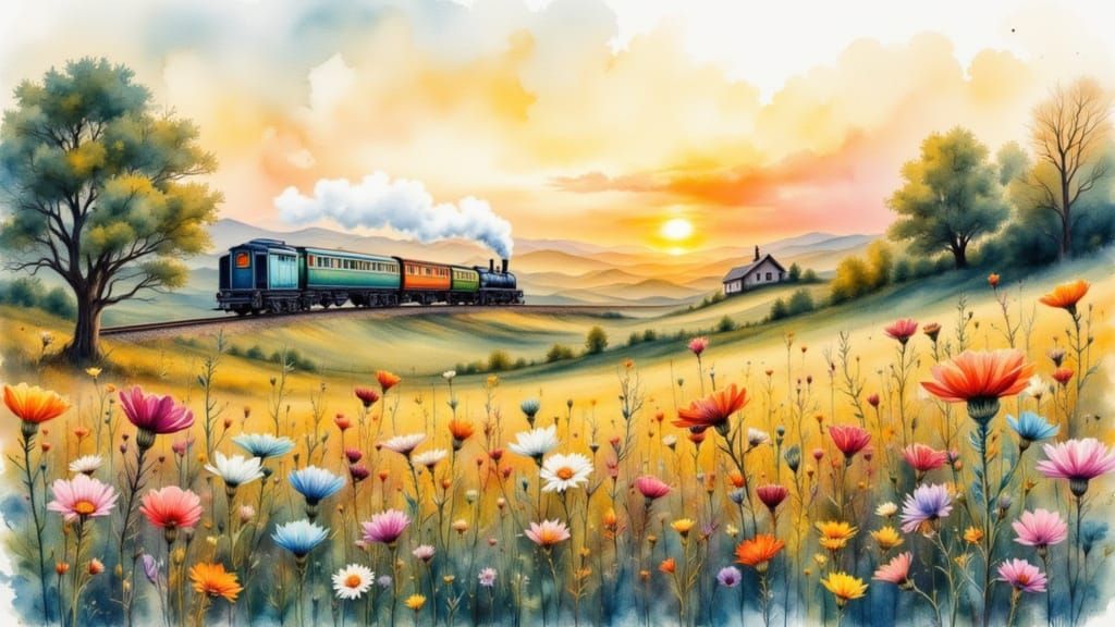 Dreamy Countryside Landscape in Watercolor Style