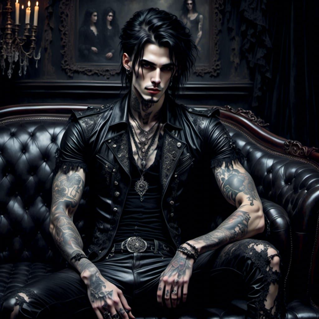Gothic Man with Tattoos in Dark Vivid Colors