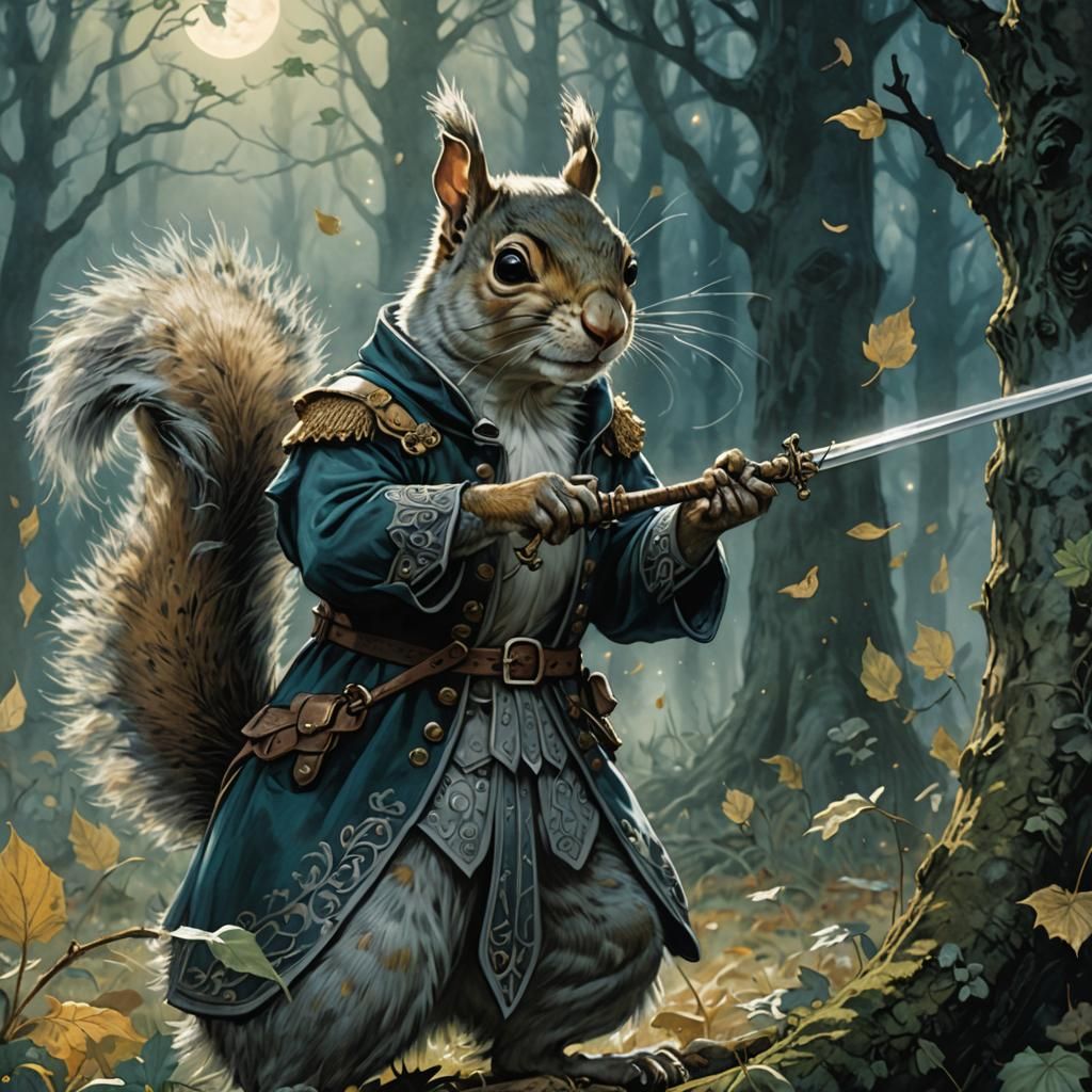 Squirrel Duel in Misty Moonlight, Arthur Rackham Style