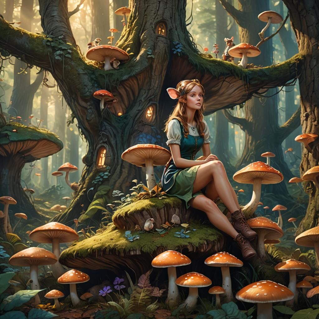 Mouse-Eared Woman in Enchanted Forest, Fantasy Art