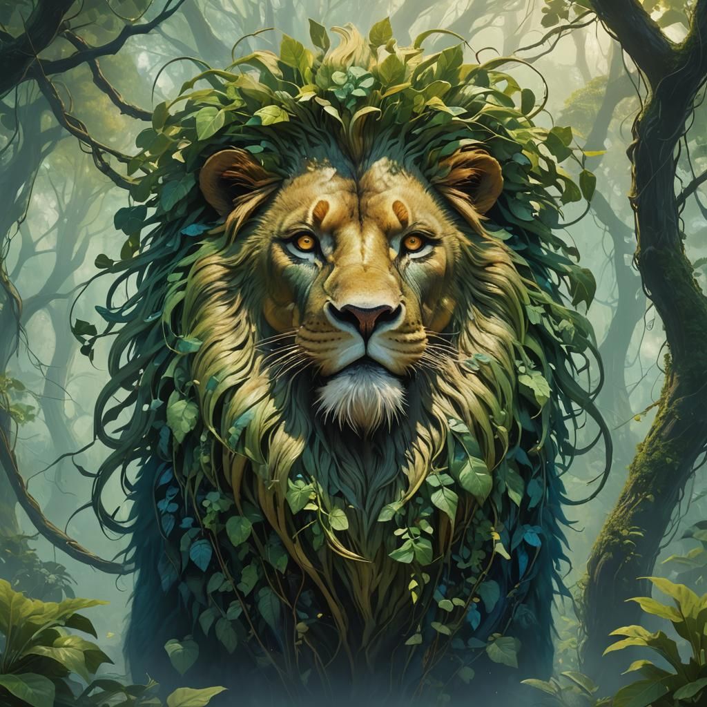Lion in Iridescent Green Jungle, Unreal Engine 5