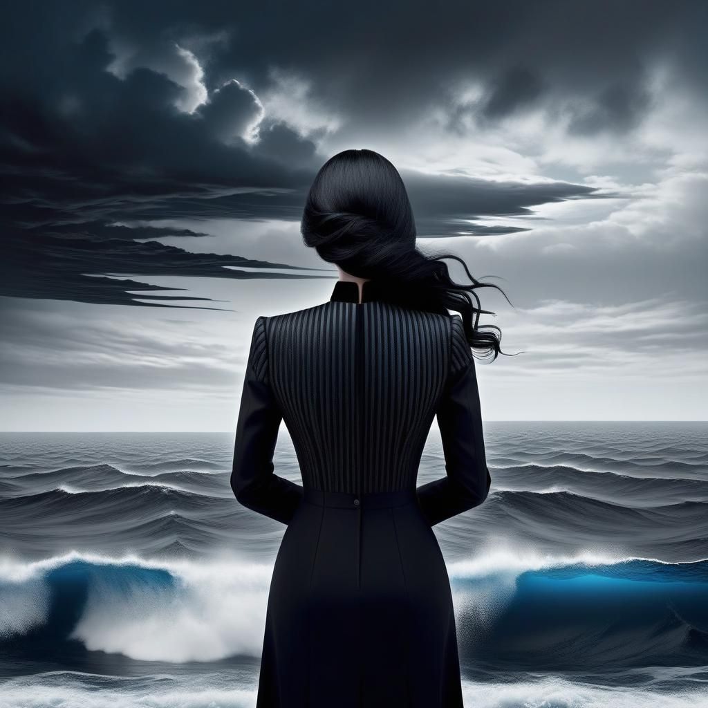 Monochrome Portrait of Woman at Sea in Surreal Style