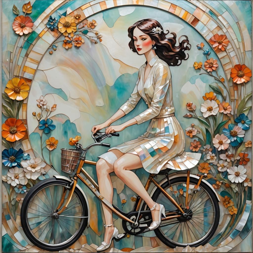 Art Deco Girl on Bicycle in Mixed Media