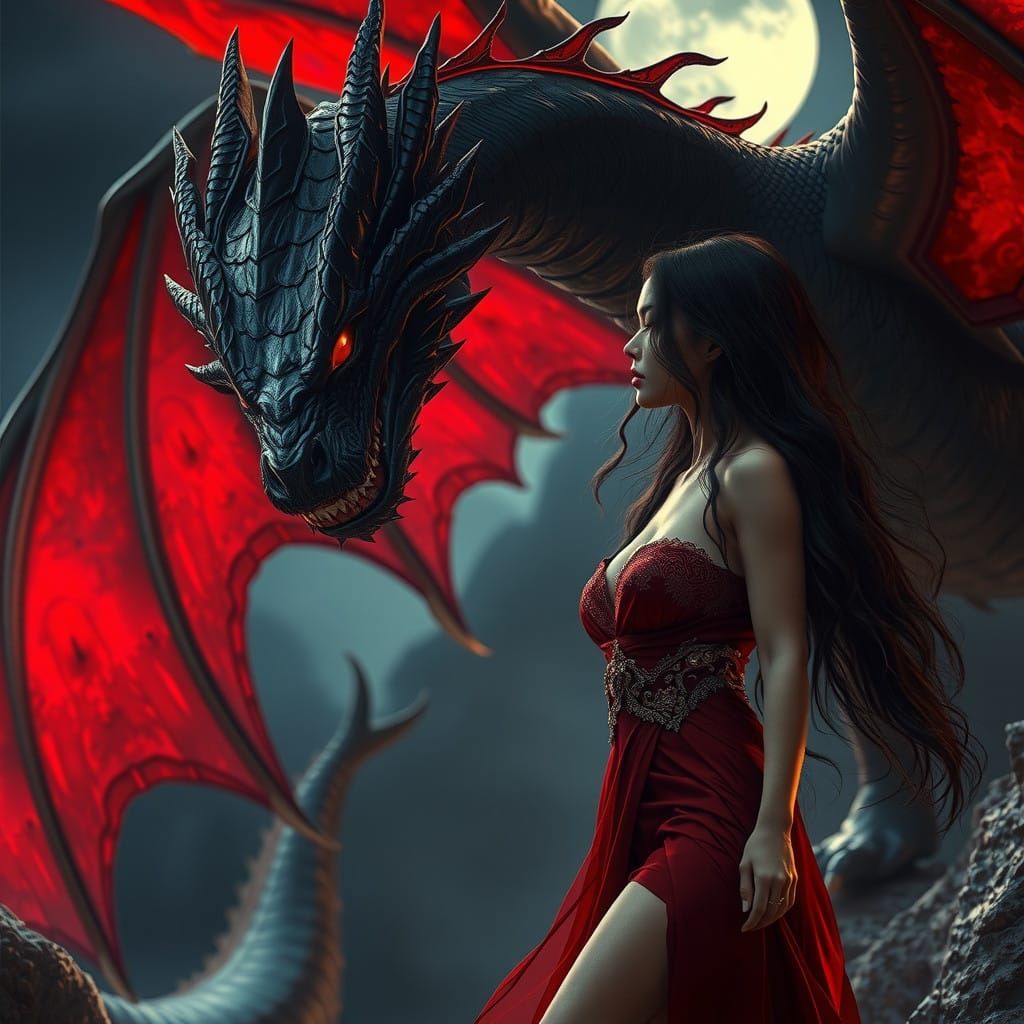 Mysterious Woman Locks Eyes with Majestic Black Dragon in a ...