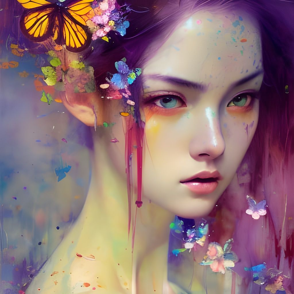 Girl with Butterflies: Modern European Ink Painting