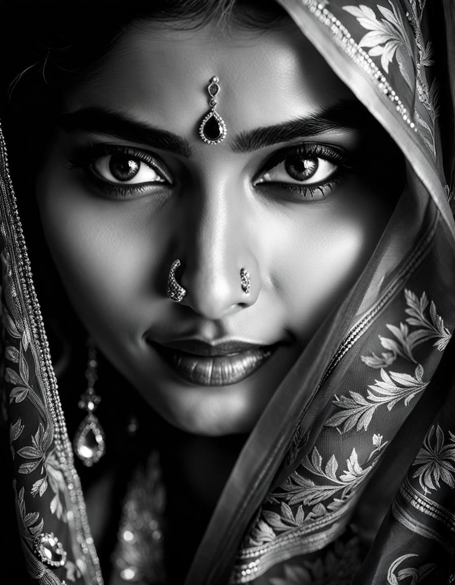 Dramatic Portrait of Woman with Scarf in Black and White