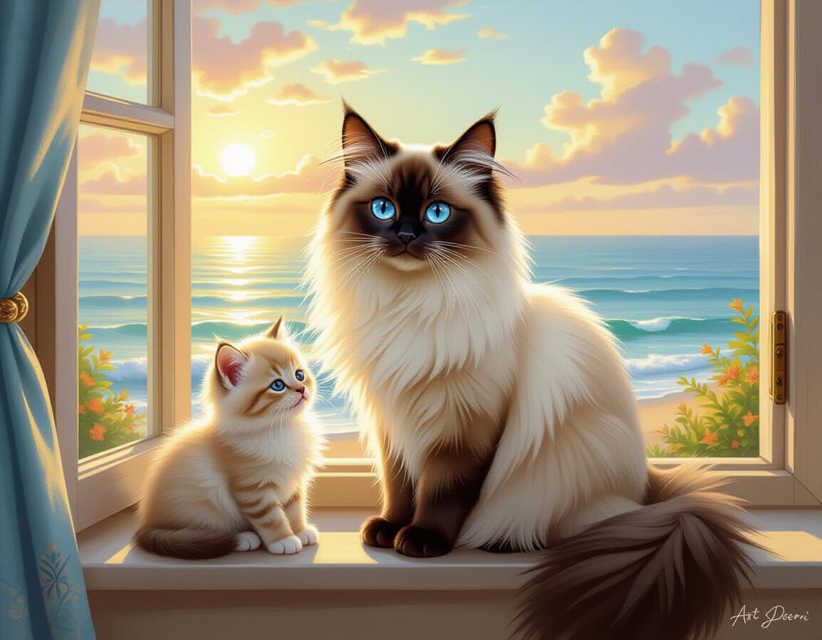 Siamese Cat Family by Sunny Ocean Window