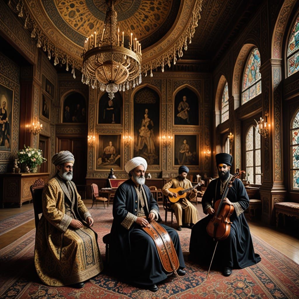 Elegant Musicians in Opulent Concert Hall