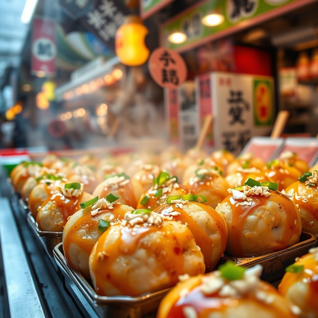 Savory Takoyaki in Bustling Japanese Street Food Market