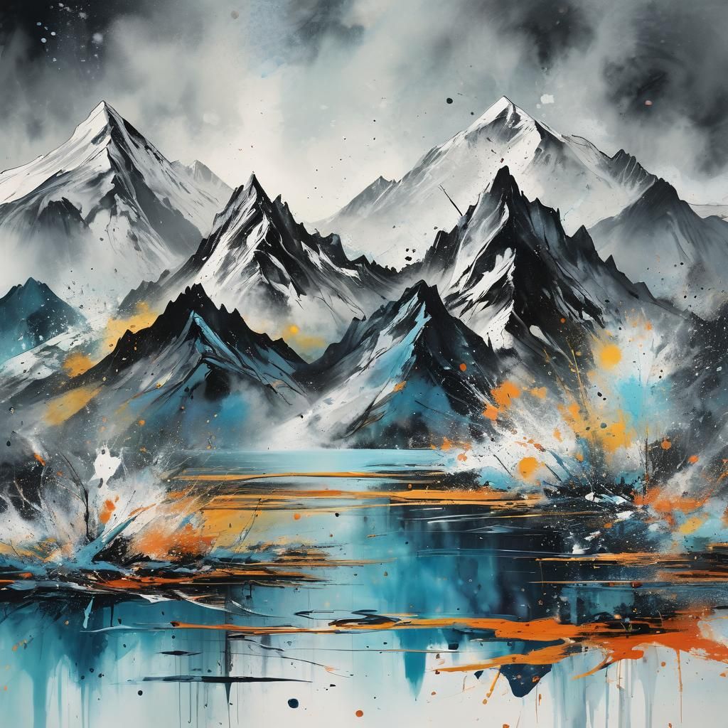Majestic Mountains in Ink Splatter Abstract