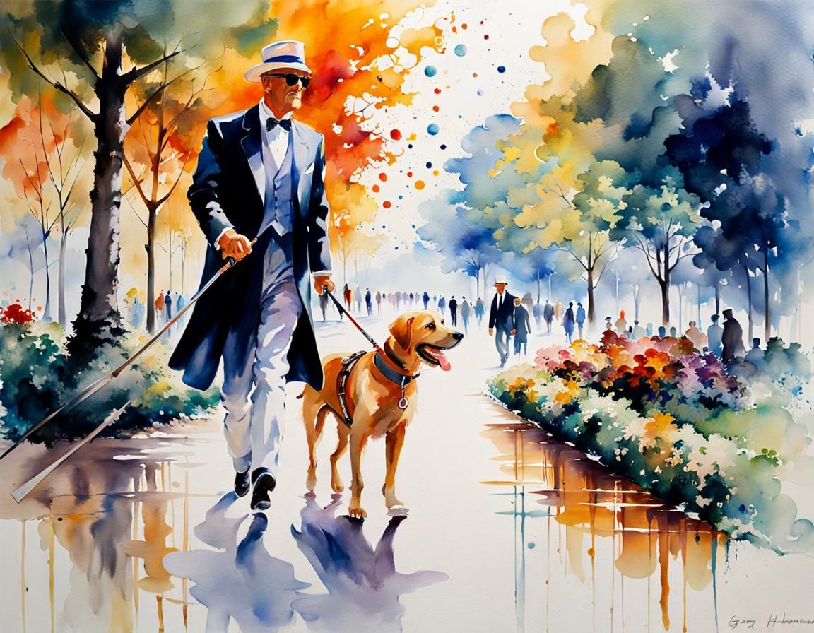 Joyful Blind Man and Guide Dog in Watercolor