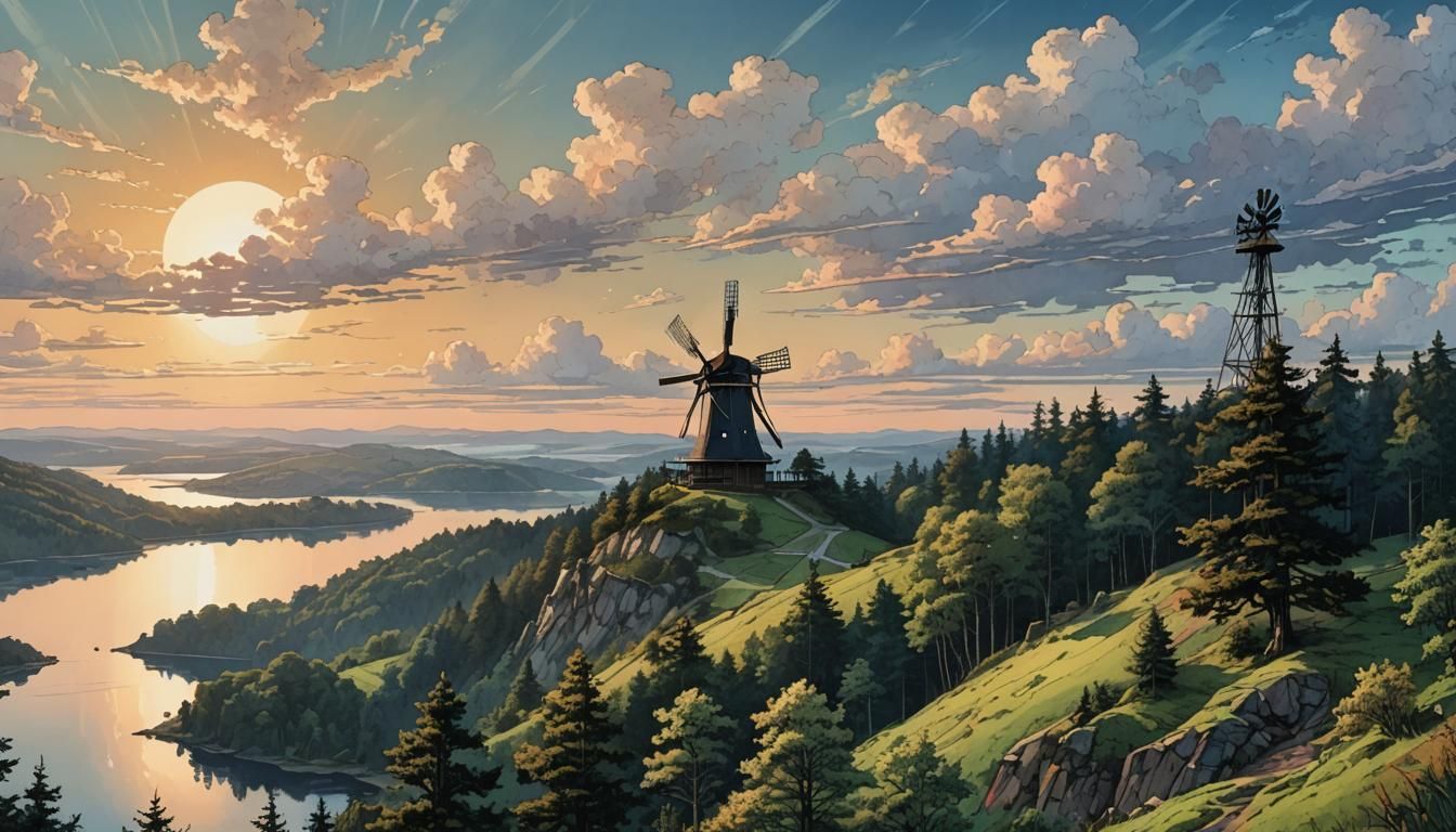 Hilltop Windmill at Dawn: Retro Fantasy Illustration