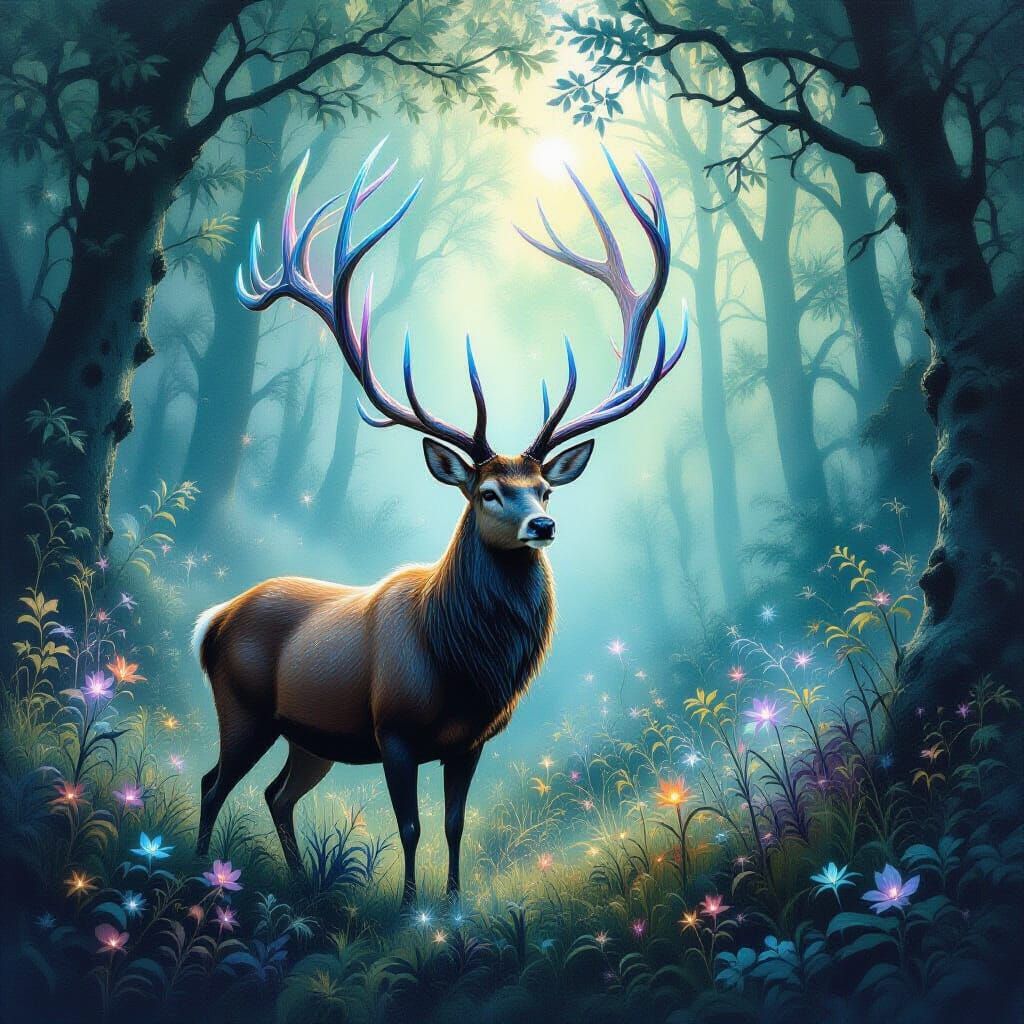 Encaustic Painting of a Majestic Deer in Bioluminescent Fore...
