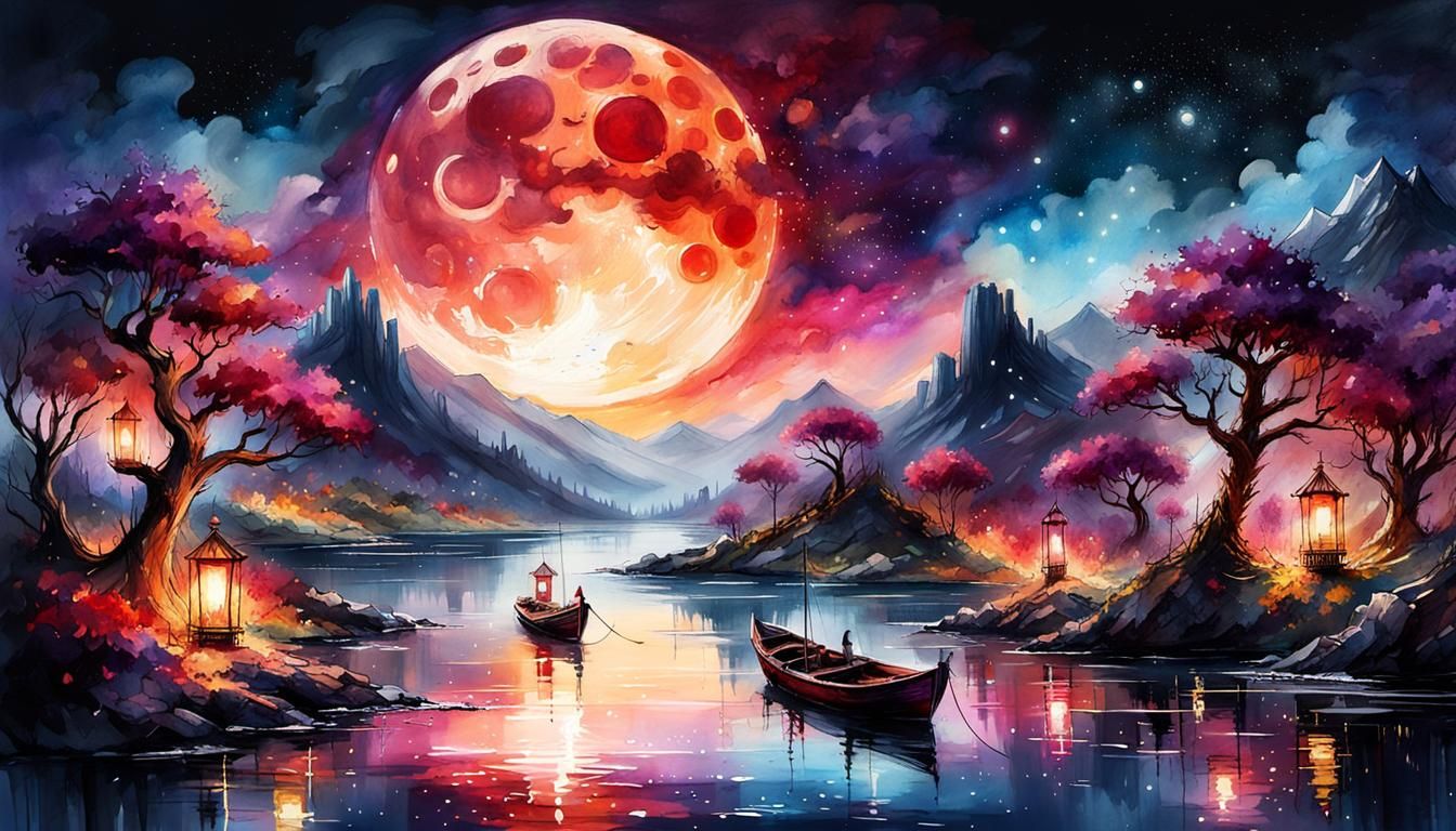 Epic Blood Moon Over Mystic River, Watercolor