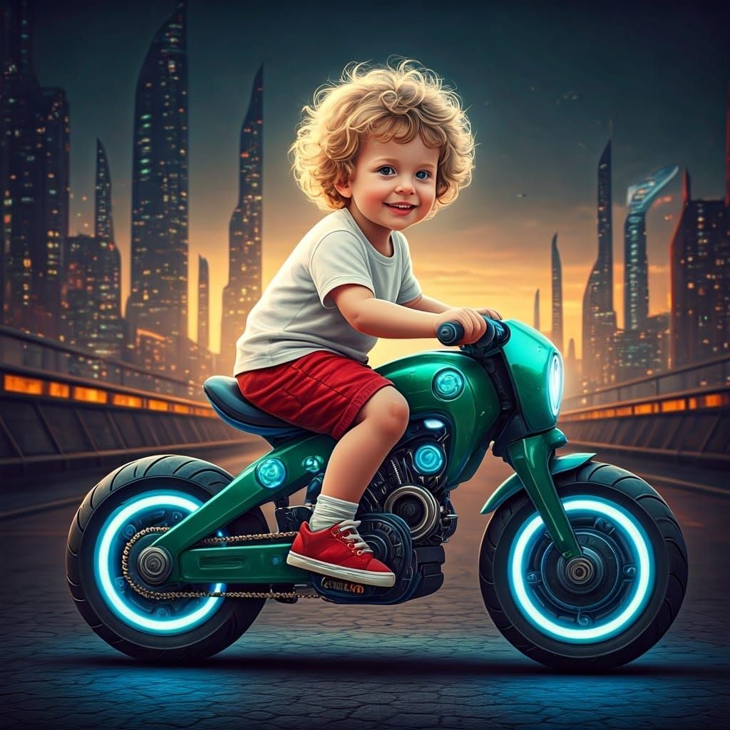 Boy on Futuristic Bike in Sci-Fi Cityscape