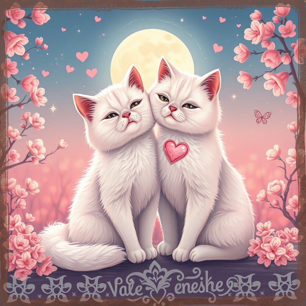 Whimsical Valentine Cats on Distressed Lace Card