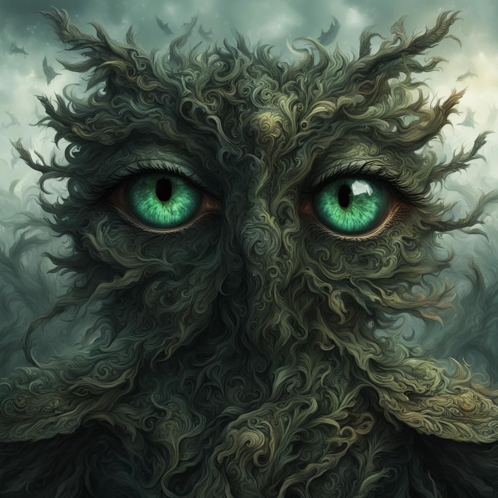 two dark green eyes with long black eyelashes, two eyes, Epi...