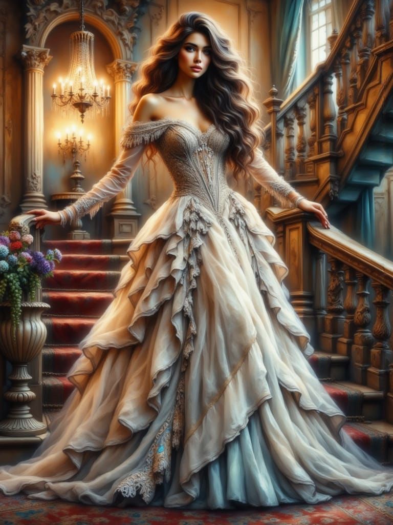 Woman in Ballgown on Grand Staircase