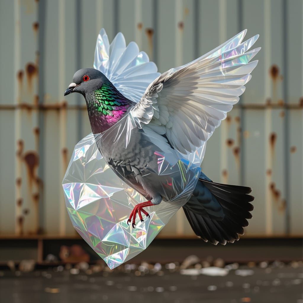Hyperrealistic Plastic Bag Pigeon in Flight