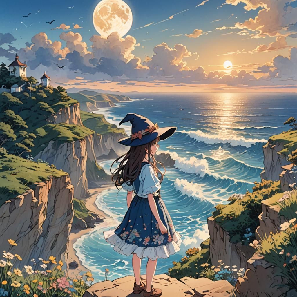 Anime Girl at Cliffside Sunset in Studio Trigger Style