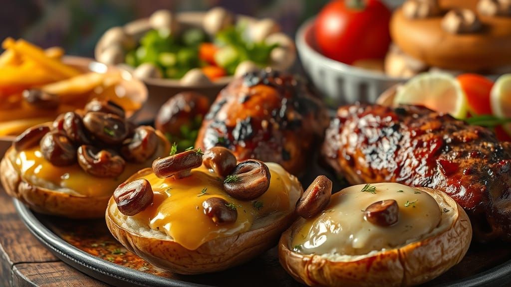 Hyperrealistic Still Life with Potatoes, Shashlik and Cake