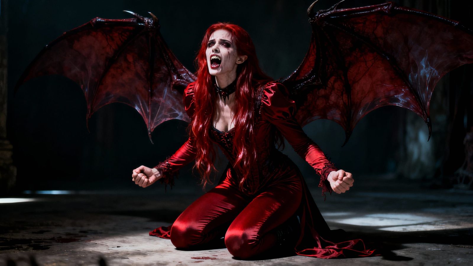 Vampire in Agony with Red Hair and Gothic Attire