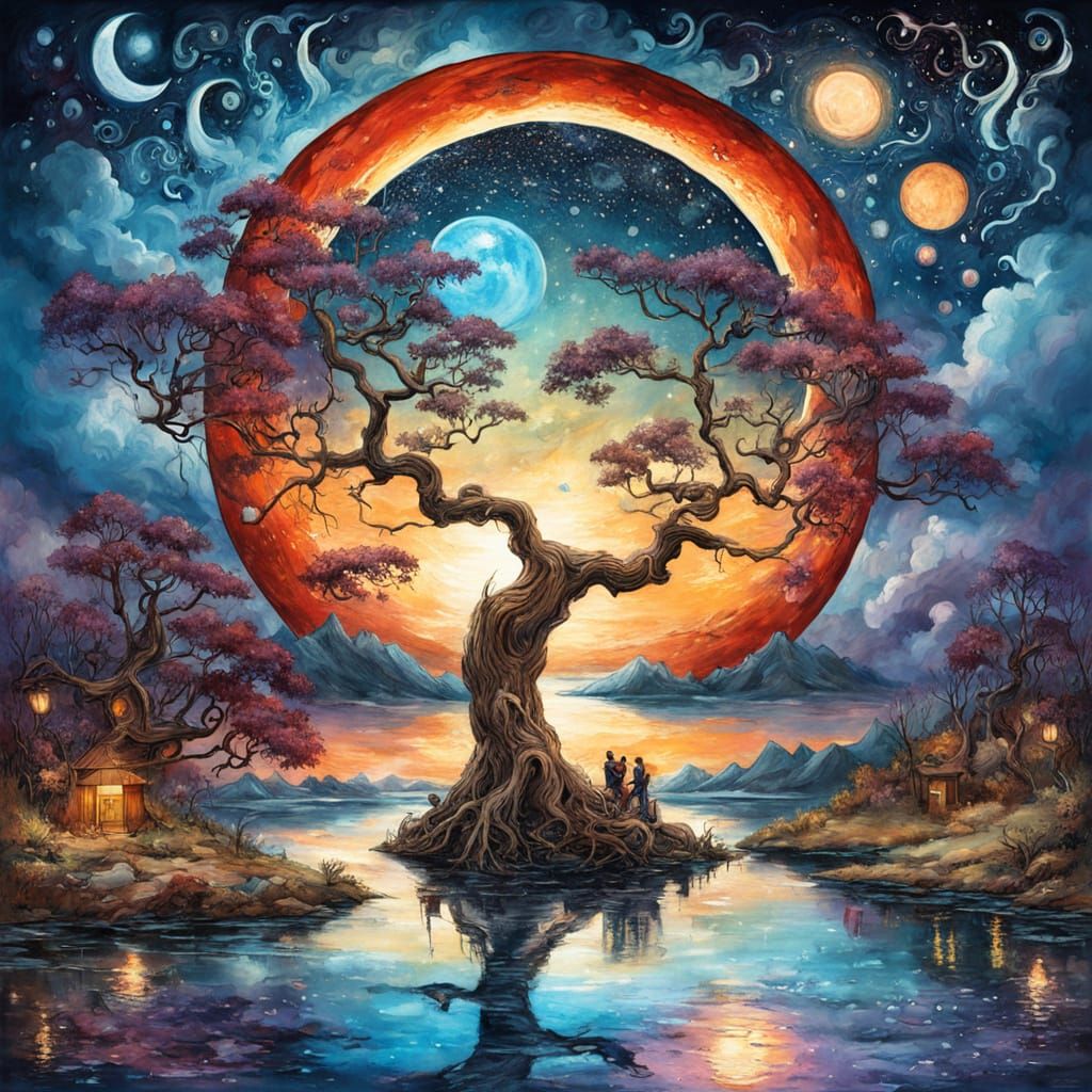 Blood Moon Reflection with Golden Sequins