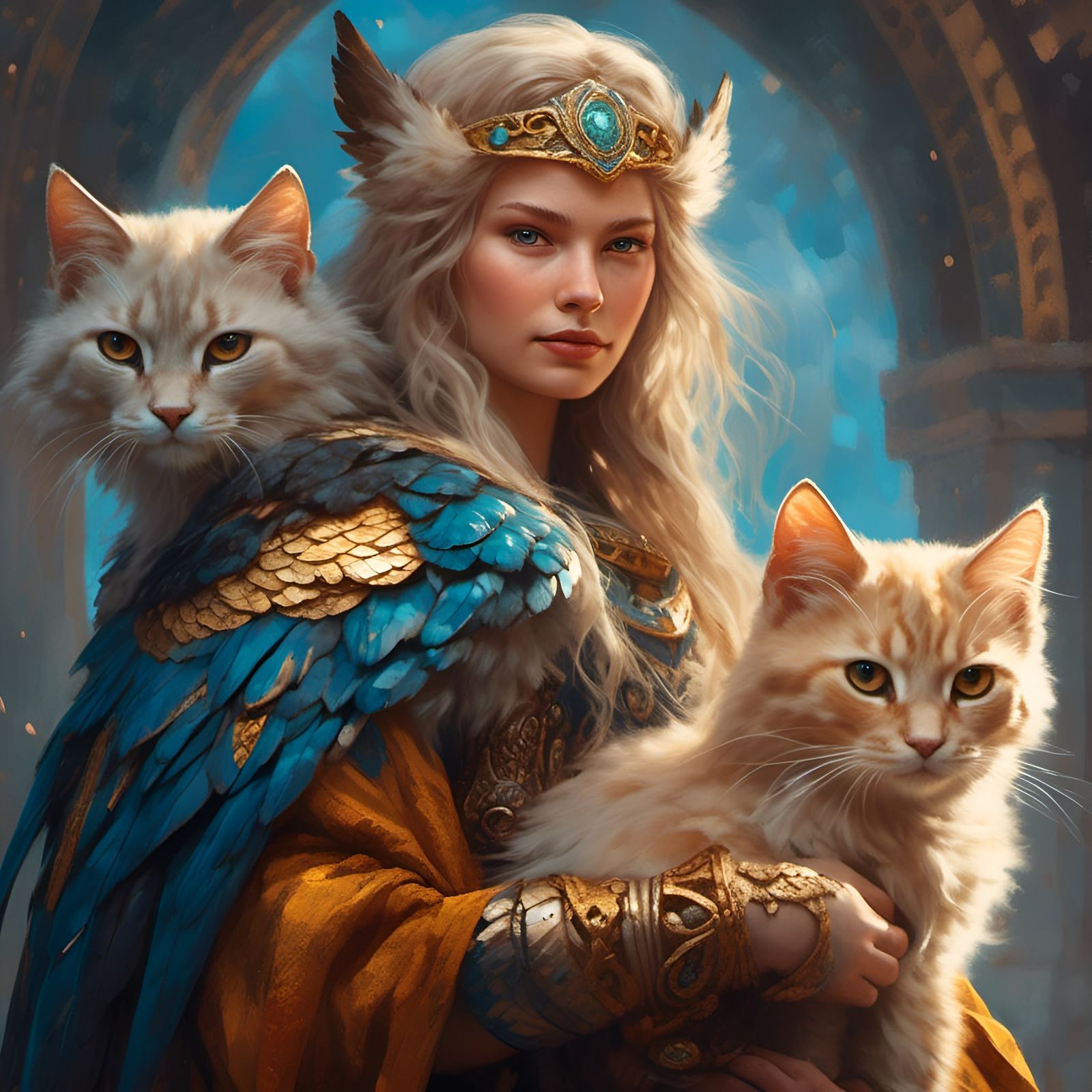 Freya, Norse Goddess, with Falcon Cloak and Cat