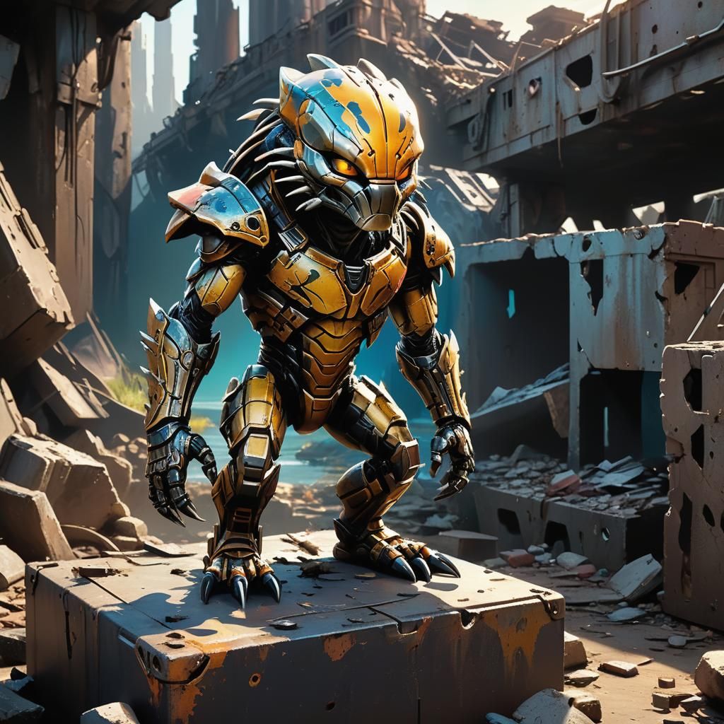 Mini Predator in Ruins, Pixar-Inspired Comic Style