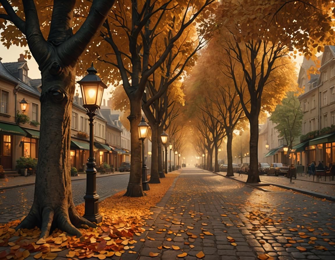 Autumn Town Street Scene in Dutch Masters Style