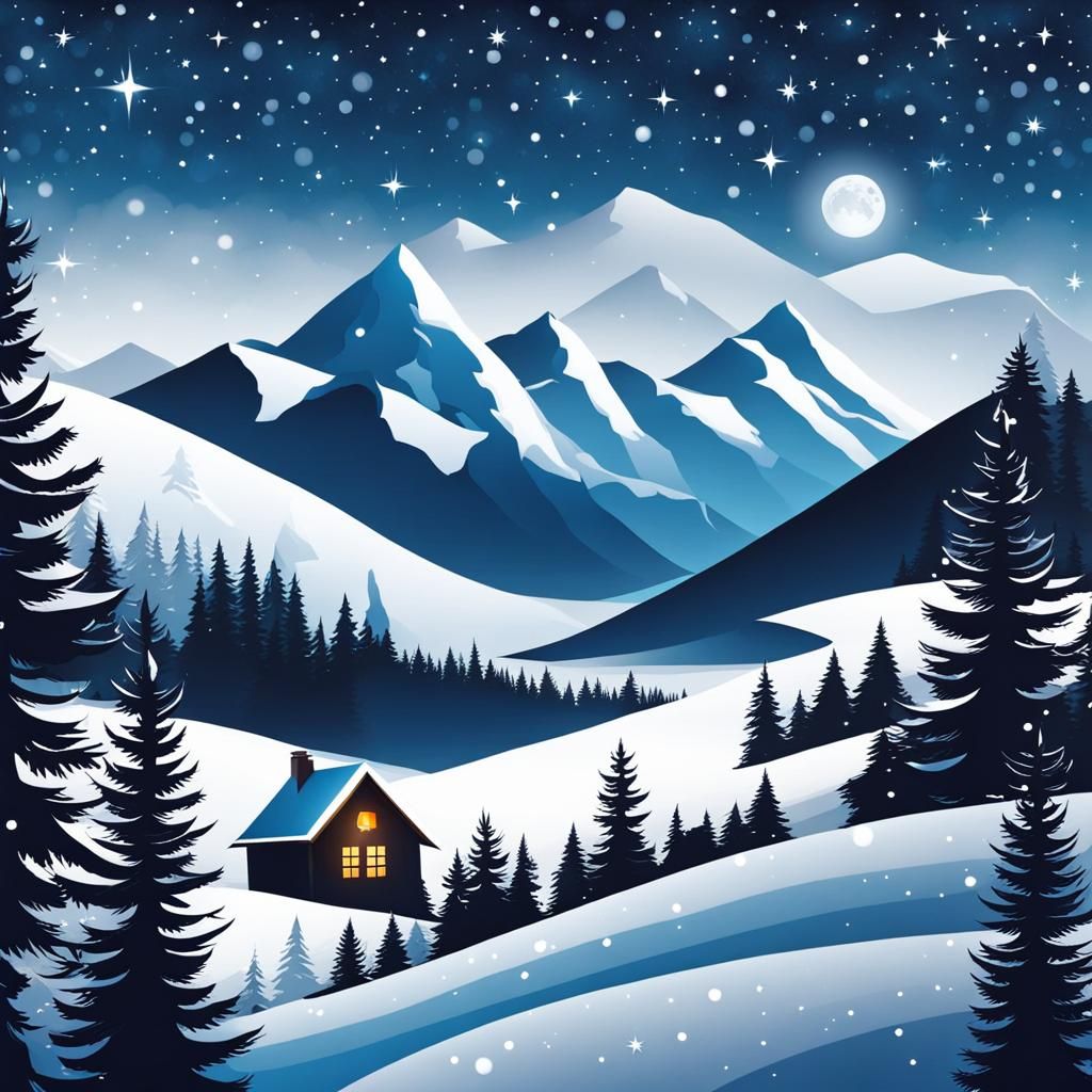 Christmas Card with Snowy Mountains and Stars