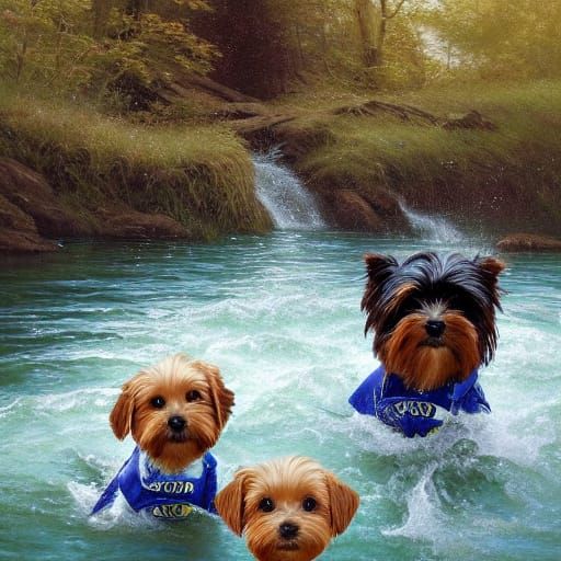 Yorkshire Terriers Brave Turbulent Mountain River