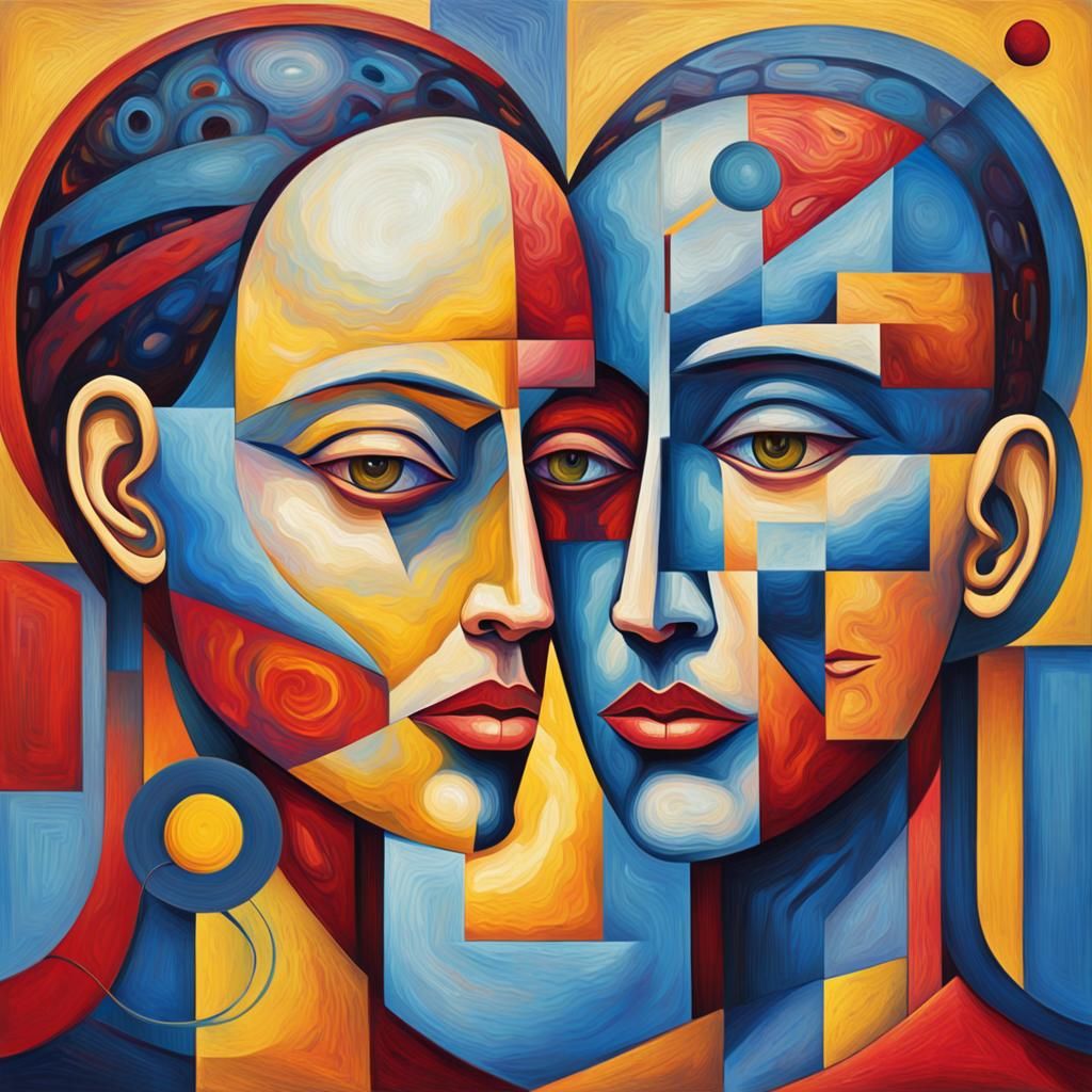 Abstract cubist painting of two intertwined faces, one male ...