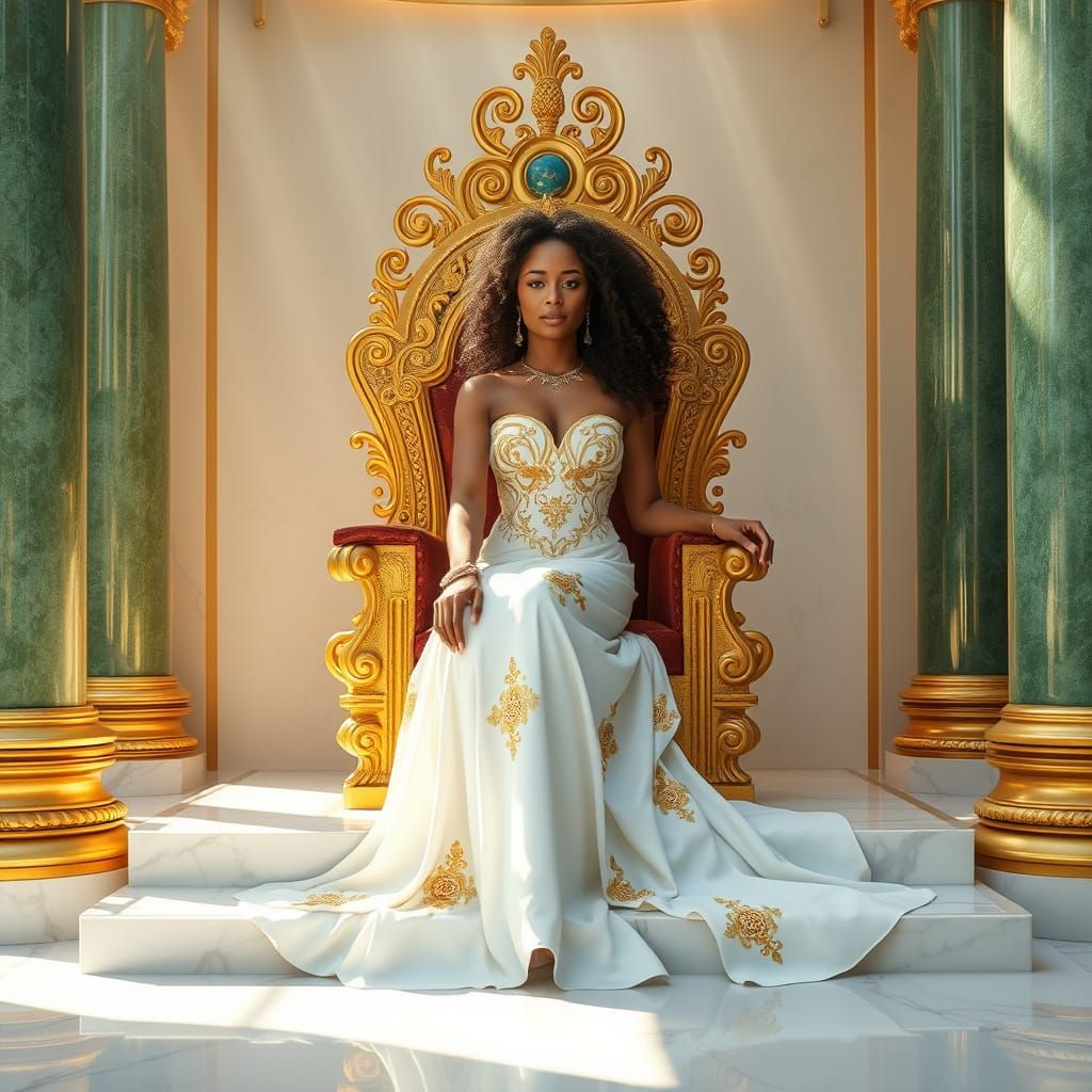 Regal Brazilian Goddess on Golden Throne in Art Nouveau Styl...