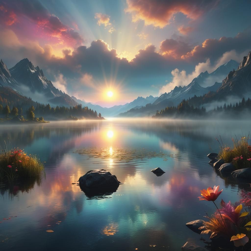 Epic Sunrise Over Misty Lake: Fantasy Art