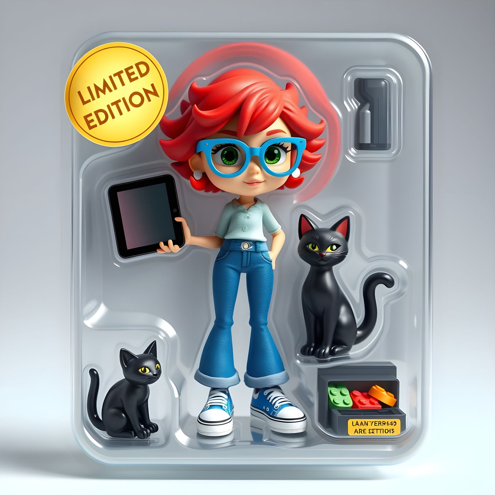 Create a 3D action figure of a girl with short red curly hair, green eyes, and blue framed glasses. The figure should be...