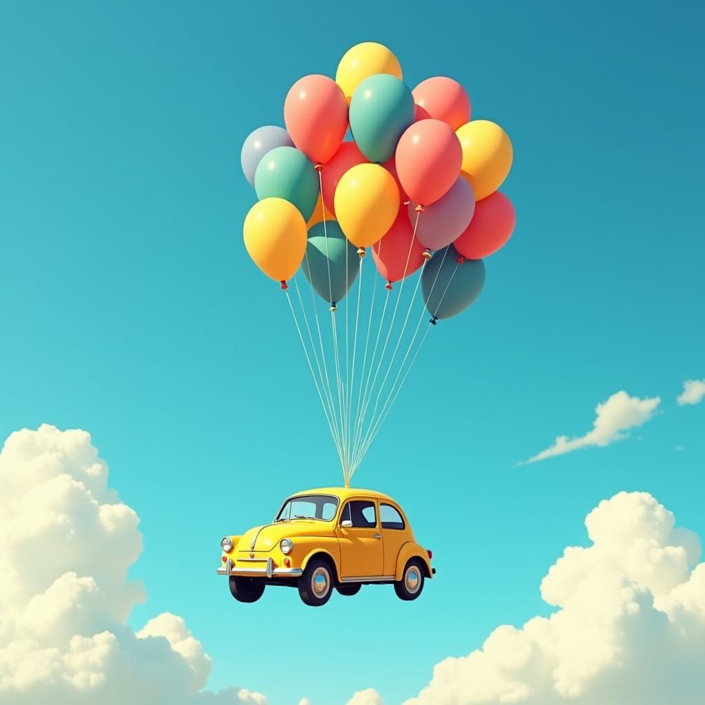Vintage Car Soaring Skyward with Balloons