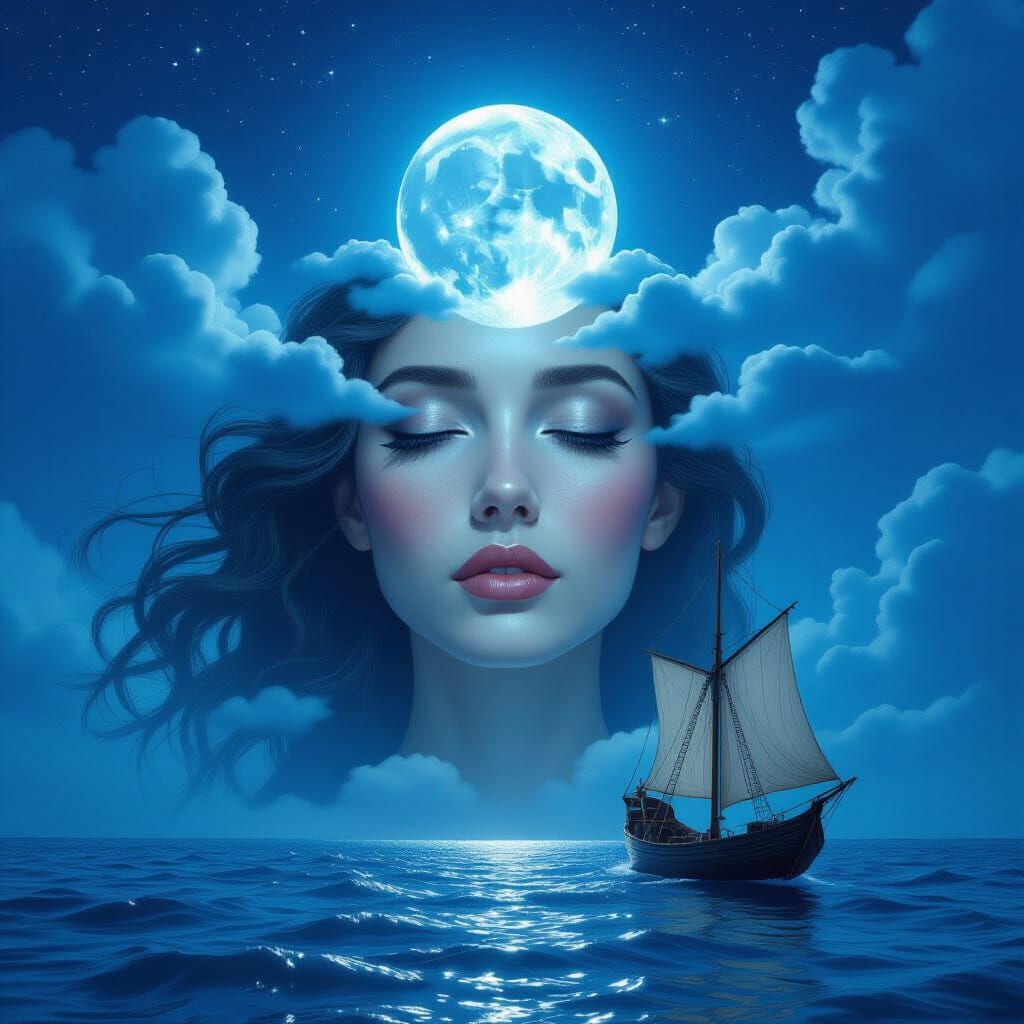 Surreal Woman Portrait with Moon and Night Sky