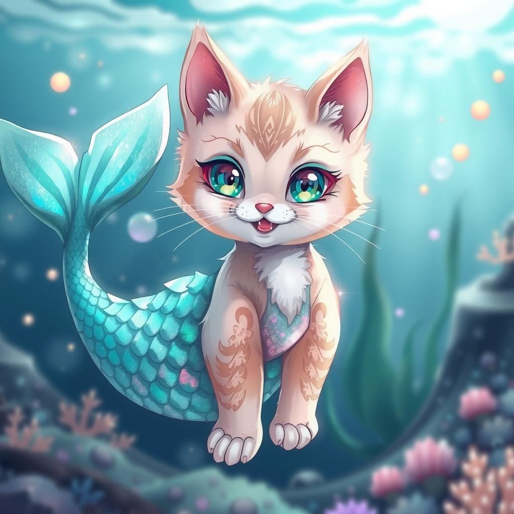 Mermaid Cat with Sharp Teeth in Fantasy Ocean