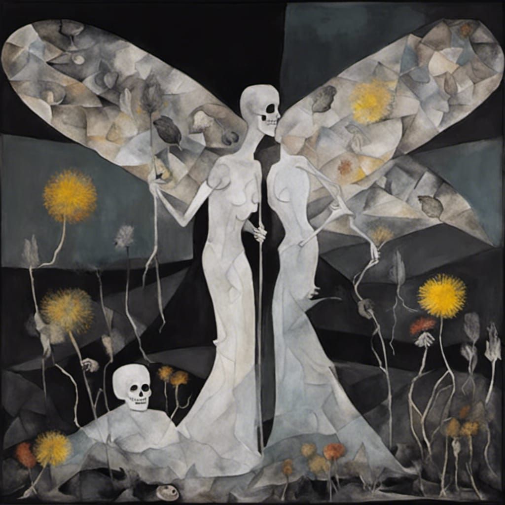 Surreal Dreamscape: Witches, Skeletons, and Colorful Details