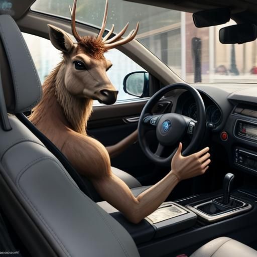Deer Drives Car in Comic Art Style