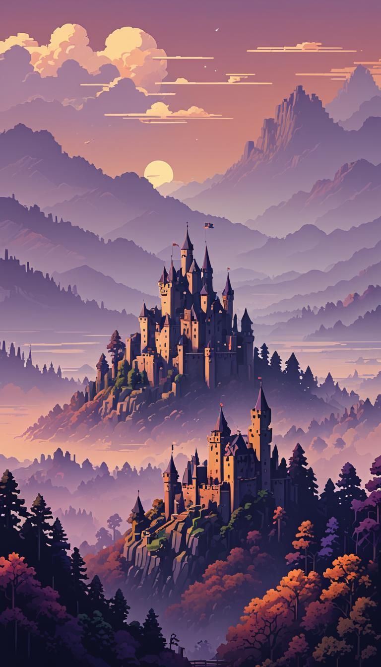 8-Bit Pixel Art Castle in Misty Countryside