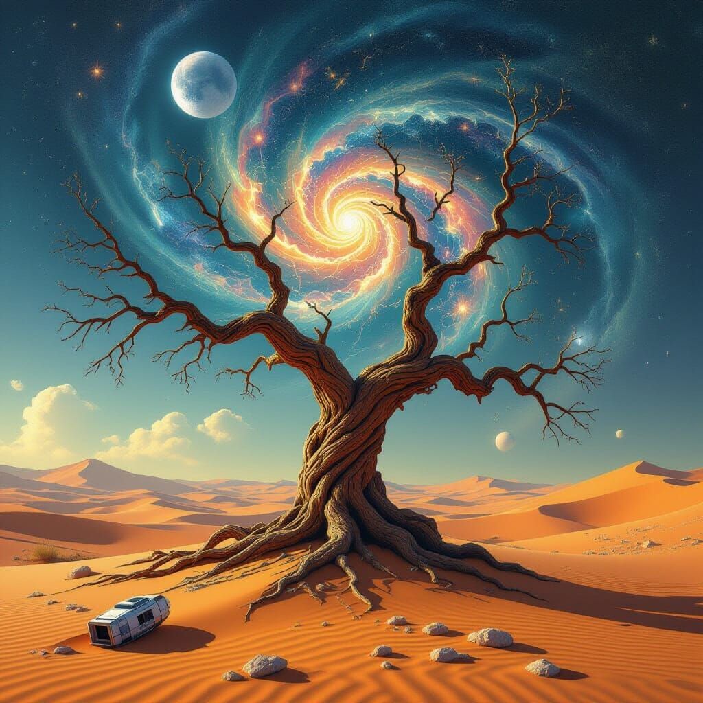 Ancient Desert Tree Under Cosmic Nebulae Sky