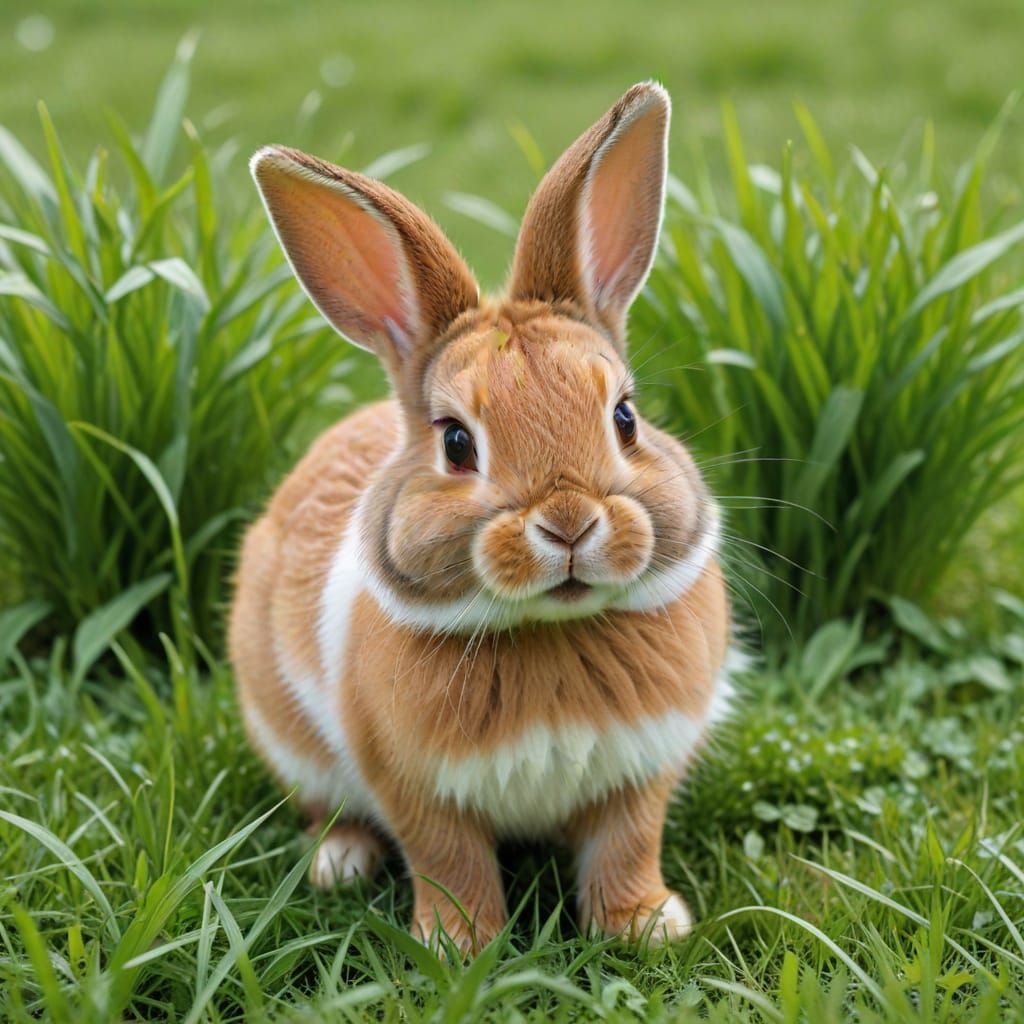 Cute Rabbit Grazing in a Lush Grassland