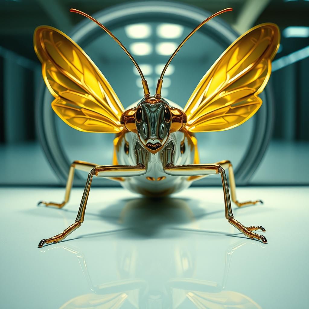 Giant Chrome Katydid with Mirror Reflections