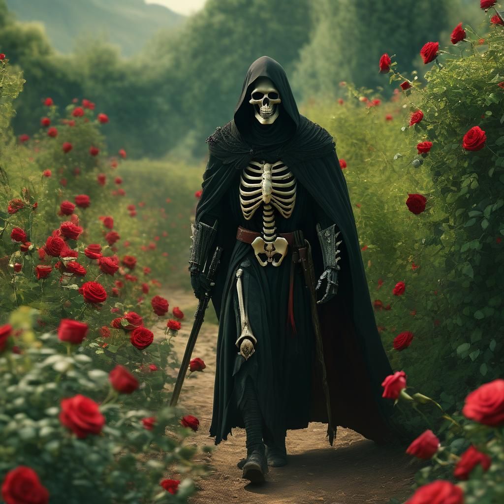Grim Reaper in Rose Valley, Hyperrealistic Photo