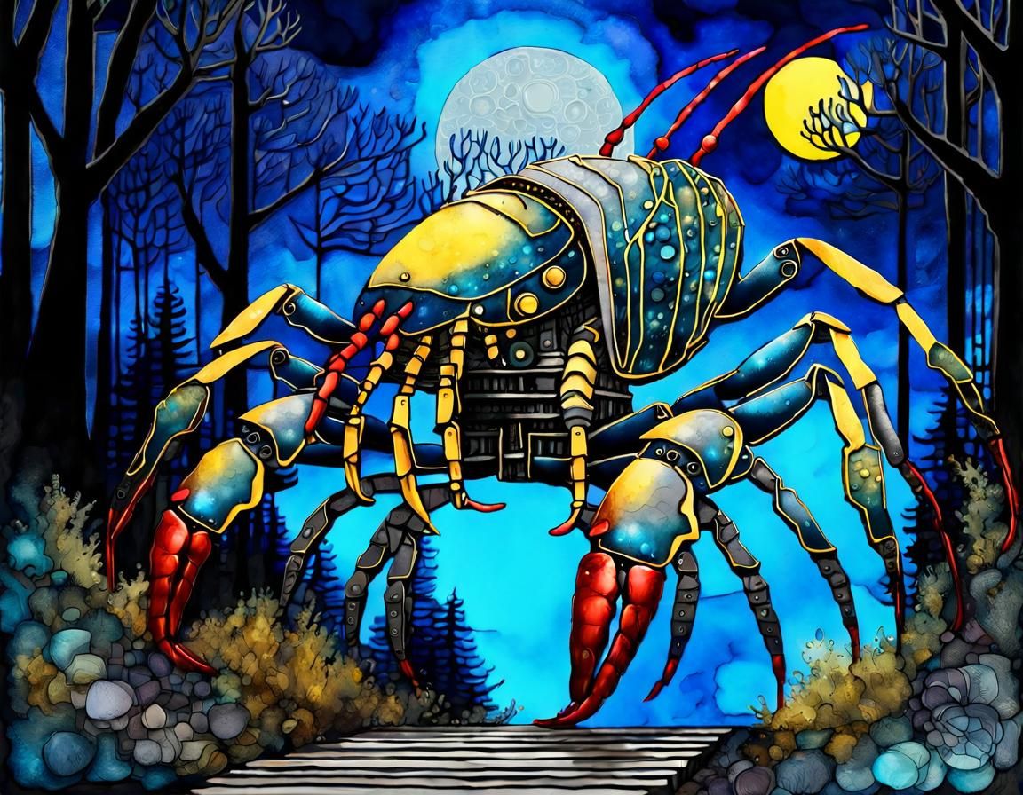 Robot Lobster on Moonlit Path in Impasto Style