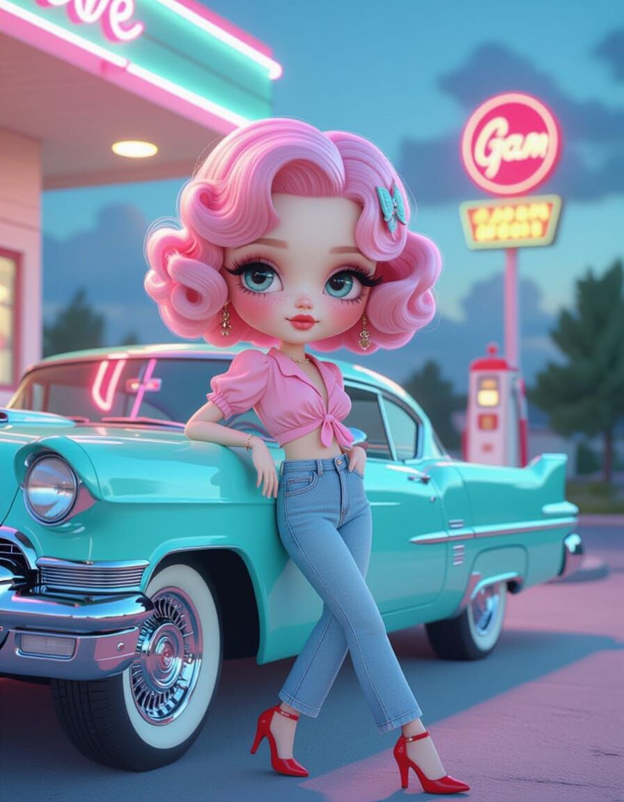 Doll-Like Girl in Retro Fantasy Scene