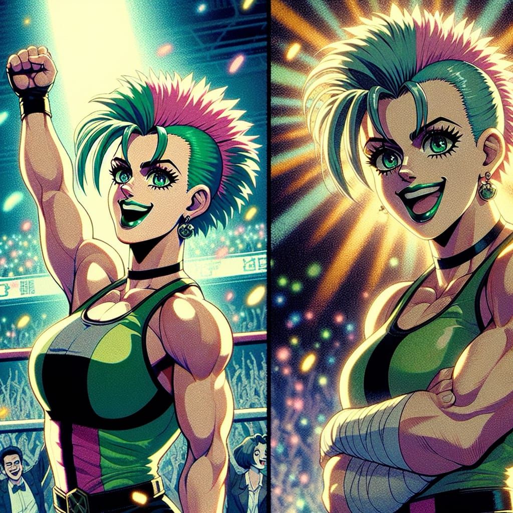 Anime Woman Wrestler Celebrates Victory in 90s Style