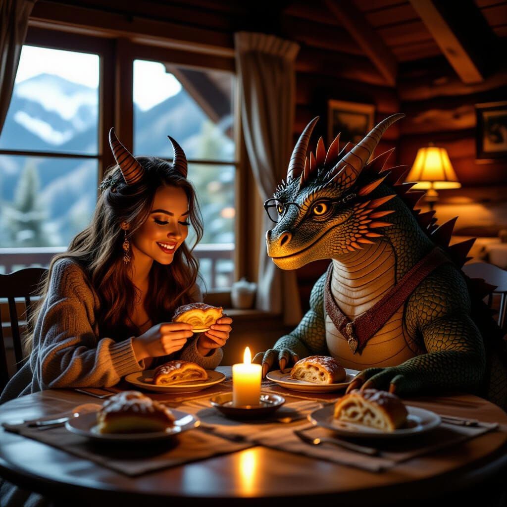 Dragons and Tapir Enjoy Apple Strudel in Cozy Cabin